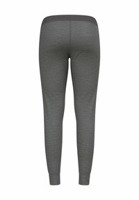 Graue Leggings mit glatter Textur und elastischem Bund. Das Design zeichnet sich durch eine figurbetonte Silhouette und schmal zulaufende Knöchel aus, geeignet für Sportbekleidung.