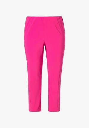 Lyserøde elastiske bukser med lige snit, der har sideslidser og en glat tekstur. Ingen synlige mønstre eller hardware detaljer.