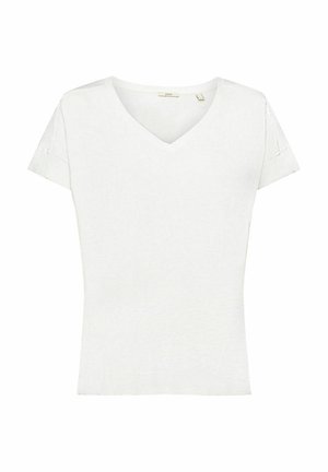 Witte T-shirt met korte mouwen en V-hals, ontspannen pasvorm en subtiele naaddetails op mouwen en zoom.