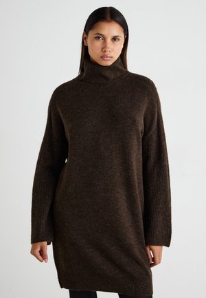 Brown knitted turtleneck dress with ribbed long sleeves and a relaxed fit, featuring a soft texture and solid color.
