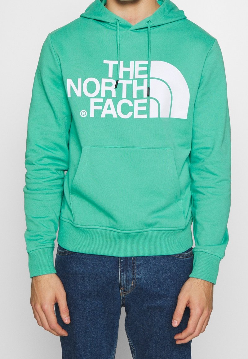 Personne portant un sweat à capuche vert sarcelle avec le logo "THE NORTH FACE" en blanc et un jean bleu foncé, raccourci au niveau du cou et des hanches.