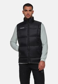 Schwarze Pufferweste mit hohem Kragen, frontalem Reißverschluss und Logo. Getragen über einem hellgrauen Langarmshirt. Strukturiertes, isoliertes Material.