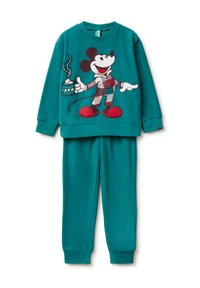 Tyrkysová fleecová tepláková souprava s velkým motivem Mickey Mouse. Horní díl má žebrované manžety, kalhoty jsou volnější a mají pružný pás.