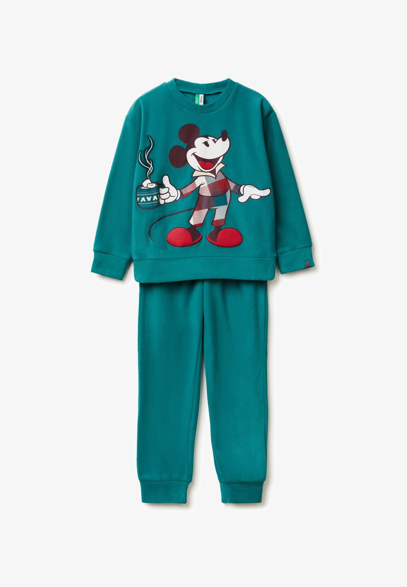 Tyrkysová fleecová tepláková souprava s velkým motivem Mickey Mouse. Horní díl má žebrované manžety, kalhoty jsou volnější a mají pružný pás.