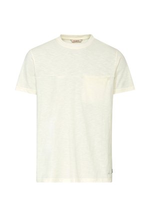 Off-white short-sleeve crew neck t-shirt with subtle chest pocket and small logo near the bottom hem on a plain background.