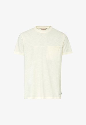 Off-white short-sleeve crew neck t-shirt with subtle chest pocket and small logo near the bottom hem on a plain background.