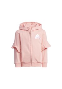 Růžová mikina s kapucí a volánovými rukávy, se zipem a bílým logem Adidas na hrudi. Vyrobena z měkkého, strukturovaného materiálu.