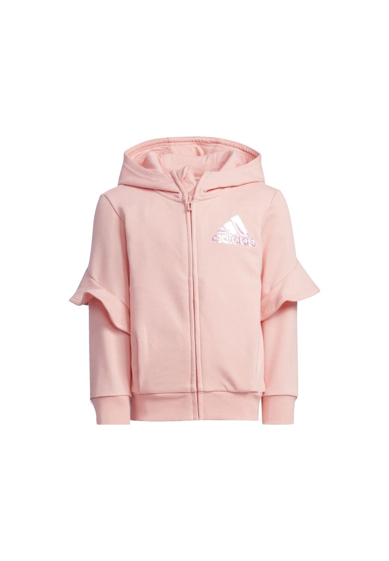 Růžová mikina s kapucí a volánovými rukávy, se zipem a bílým logem Adidas na hrudi. Vyrobena z měkkého, strukturovaného materiálu.