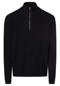 Marinblå ribbad stickad tröja med hög krage och delvis dragkedja. Har långa ärmar och en strukturerad finish utan några mönster.