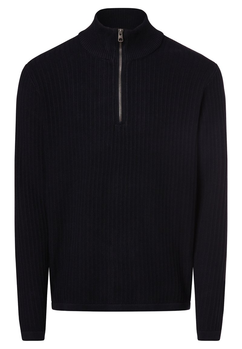 Marinblå ribbad stickad tröja med hög krage och delvis dragkedja. Har långa ärmar och en strukturerad finish utan några mönster.