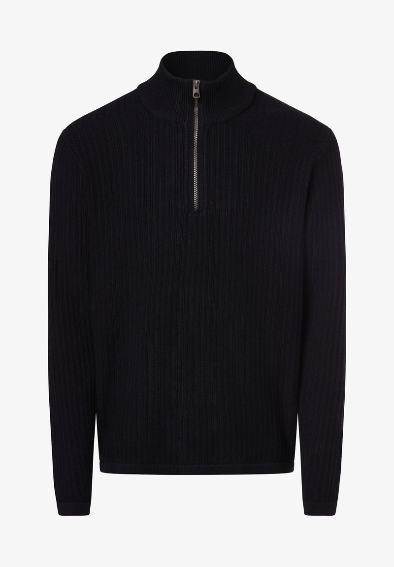 Pullover a coste in navigazione con colletto alto e chiusura con zip parziale. Presenta maniche lunghe e una finitura testurizzata senza alcun motivo.
