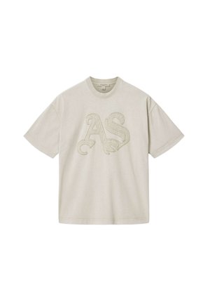 Beżowy, krótki rękaw, T-shirt z okrągłym dekoltem, z dużym, fakturowanym haftem liter "A" i "S" na przodzie.