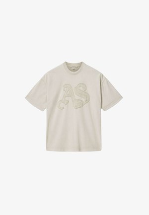 T-shirt beige a maniche corte con scollo girocollo e grande ricamo a rilievo delle lettere "A" e "S" sul davanti.