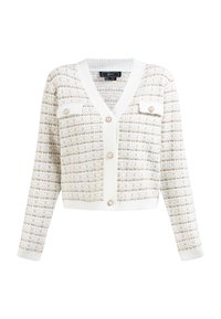 Cremefarbener und braun strukturierter Strickcardigan mit V-Ausschnitt, vier Knöpfen und zwei Fronttaschen. Leicht und in cropped Länge.