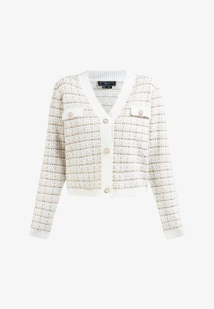 Cardigan tricoté texturé crème et beige avec un col en V, quatre boutons et deux poches avant. Léger et de longueur cropped.