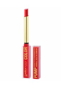 Bastoncino di balsamo labbra rosso con custodia dorata e confezione trasparente rossa etichettata "belloggi COLOR" e "PUMP Rossetto Ultrapigmentato."