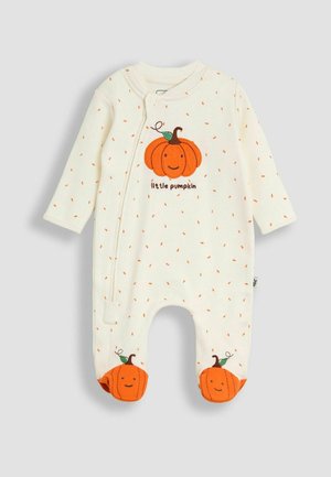 Body en coton pour bébé en crème avec des accents orange. Présente un graphique de citrouille, le texte "petite citrouille" et des détails de pieds en forme de citrouille.