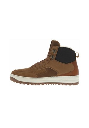 Sneaker montante marron avec un mélange de daim et de tissu. Caractérisé par un col rembourré, une semelle en caoutchouc et un devant à lacets. Accentué par un panneau noir.