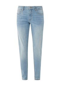 Jean slim bleu clair avec poches avant, passants pour ceinture, et fermeture par bouton et fermeture éclair.