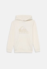 Crème kleurige hoodie gemaakt van zachte stof, met een voorste kangoeroezak en een grote beige Quiksilver-logo op de borst.
