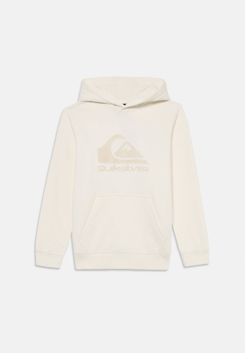 Crème kleurige hoodie gemaakt van zachte stof, met een voorste kangoeroezak en een grote beige Quiksilver-logo op de borst.
