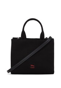 Schwarze Canvas-Handtasche mit doppelt ausgeführten Obergriffen und abnehmbarem Schultergurt. Verfügt über einen Reißverschlussverschluss und ein rotes Disney-Logo-Detail auf der Vorderseite.