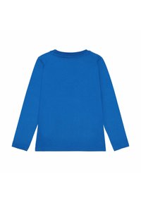 Langarmshirt aus einfarbigem blauen Baumwollstoff mit rundem Halsausschnitt und ohne sichtbare Muster oder Verzierungen auf der Rückseite.