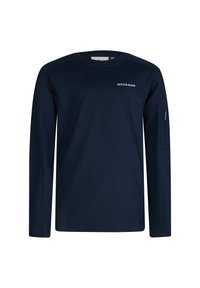 Langärmliges navyblaues T-Shirt aus weicher Baumwolle. Mit Rundhalsausschnitt, einem kleinen weißen Logo auf der Brust und einer Reißverschlusstasche am linken Ärmel.