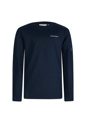 Langärmliges navyblaues T-Shirt aus weicher Baumwolle. Mit Rundhalsausschnitt, einem kleinen weißen Logo auf der Brust und einer Reißverschlusstasche am linken Ärmel.