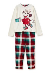 Conjunto de pijama con temática de Minnie Mouse, compuesto por una camiseta de manga larga color crema con un estampado gráfico y pantalones de cuadros rojos en verde, blanco y burdeos.