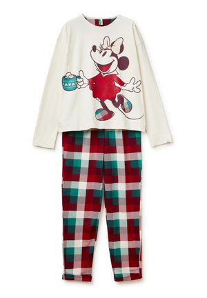 Set di pigiama a tema Minnie Mouse con una maglia a maniche lunghe color crema con stampa grafica e pantaloni a quadri rossi, verdi, bianchi e bordeaux.