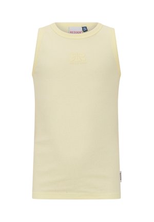 Bezrekawnik w bladym żółtym kolorze, prążkowany, z okrągłym dekoltem i małym tłoczonym logo na piersi.