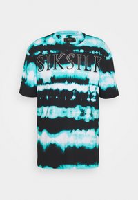 Černé a tyrkysové tričko s krátkým rukávem tie-dye, s nápisem "SIKSILK" z kovového písma na přední straně. Měkký bavlněný materiál.