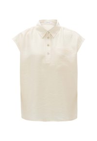 Kurzärmlige Bluse in hellem Creme mit Kragen und einer vierknöpfigen Knopfleiste; verfügt über eine kleine Brusttasche und einen glatten, leicht strukturierten Stoff.