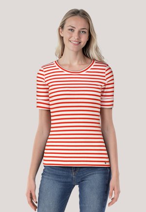 Red and white striped short-sleeve t-shirt with a rounded neckline and a fitted cut. Soft fabric, horizontal stripes, and small logo detail.