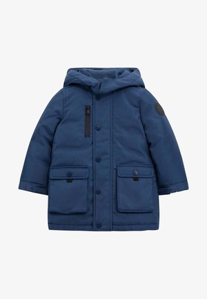 Jūrinės mėlynos spalvos pūkinė striukė su kapišonu, turinti užtrauktuką krūtinėje, dvi priekines kišenes su atvartais ir tekstūruotą medžiagą.