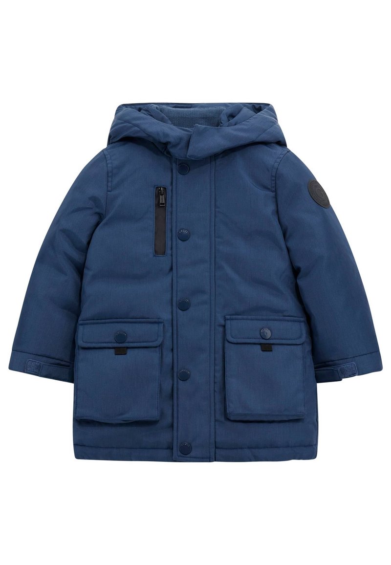 Jūrinės mėlynos spalvos pūkinė striukė su kapišonu, turinti užtrauktuką krūtinėje, dvi priekines kišenes su atvartais ir tekstūruotą medžiagą.