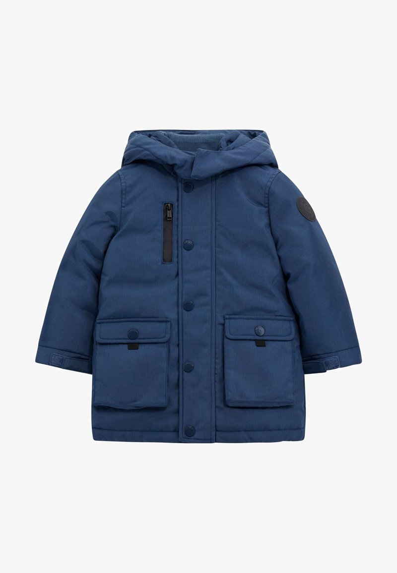 Jūrinės mėlynos spalvos pūkinė striukė su kapišonu, turinti užtrauktuką krūtinėje, dvi priekines kišenes su atvartais ir tekstūruotą medžiagą.