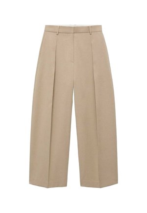 Beige, weit geschnittene Hosen hängen vertikal, mit vorderen Falten und einem flachen Bund, der einen neutralen und eleganten Stil zur Schau stellt.