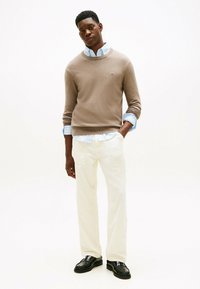 Maglione di colore marrone a maglia sopra una camicia a quadri blu chiaro, abbinato a pantaloni bianchi e scarpe nere. Il maglione presenta un collo rotondo.