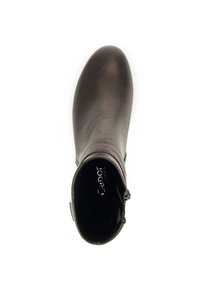 Braune Leder-Stiefelette mit glatter Oberfläche, runder Zehenform und seitlichem Reißverschluss. Das Innere verfügt über eine weiche Fütterung und ein Markenlogo.