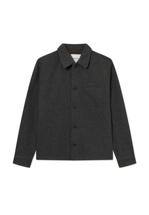 Tamno siva košulja na dugmad s klasičnim ovratnikom, izrađena od teksturirane tkanine. Ima jedan džep na prsima i duge rukave.