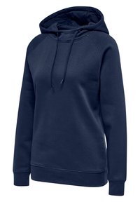 Granatowa bluza z kapturem wykonana z miękkiej mieszanki bawełny. Posiada kieszeń typu kangur, rękawy raglanowe oraz regulowane sznurki w kapturze.