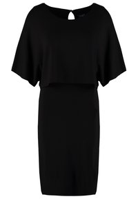 Černé šaty s volným, krátkým svrchním dílem, širokými rukávy a výřezem na zádech. Hladká textura a přiléhavý silueta.