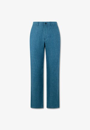 Herrenblaue gerade Hose mit Gürtelschlaufen, Frontknopf und Reißverschluss, auf weißem Hintergrund dargestellt.