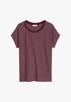 T-shirt met korte mouwen en ronde hals, voorzien van horizontale witte strepen op een kastanjebruine achtergrond, opgerolde mouwen en een merklabel aan de binnenkant van de kraag.