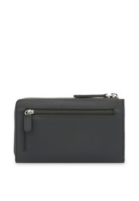 Gray leather wallet with a textured surface, featuring a zippered pocket on the front, silver hardware, and a minimalist rectangular shape.