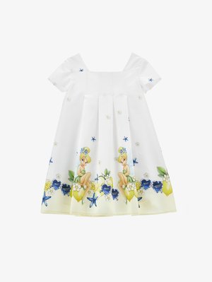 Vestito bianco a maniche corte con pieghe, decorato con illustrazioni di Trilli, cuori blu, limoni gialli e piccoli fiori bianchi lungo l'orlo.
