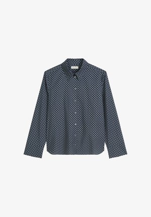 Lange mouw knoopshirt met een klein lichtblauw bloemmotief op een donkere achtergrond, met een spread collar en rechte zoom.