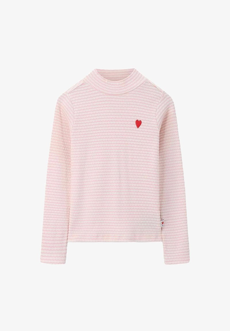 Hellrosa gestreiftes Langarmoberteil mit hohem Kragen und einem kleinen roten Herzeigen. Weiche Textur mit lockerer Passform.